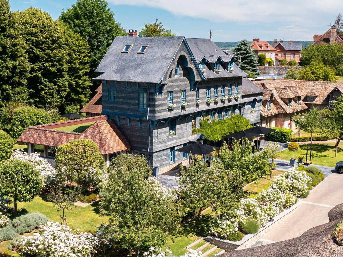 Aerial exterior view of Ferme Saint Simeon in Normandy, France