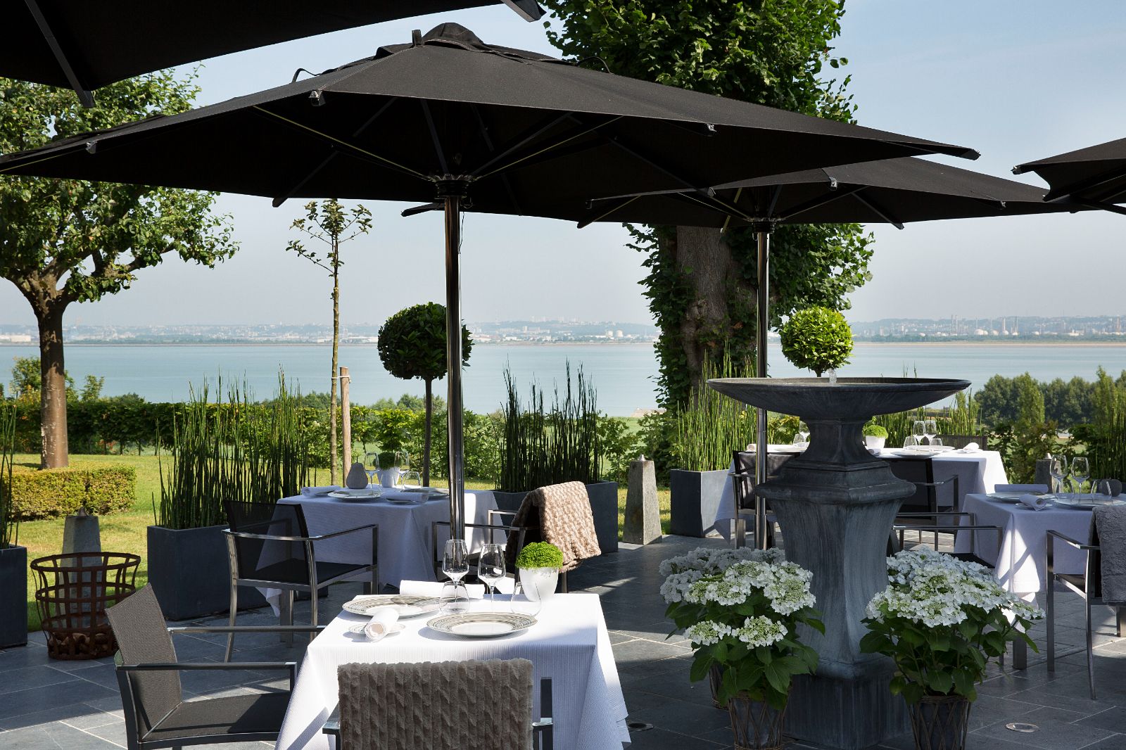 Terrace dining area at Ferme Saint Simeon in Normandy, France