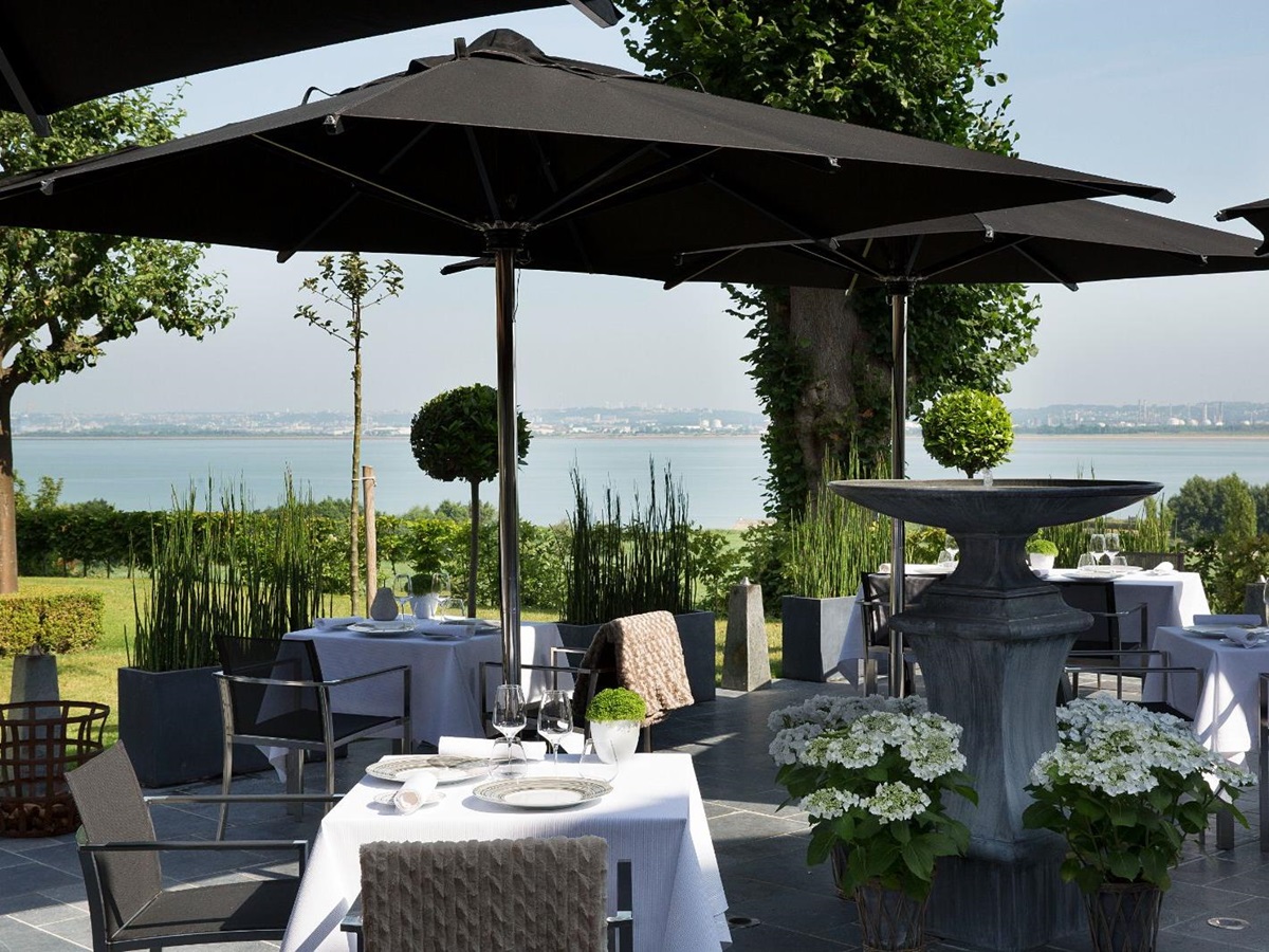 Terrace dining area at Ferme Saint Simeon in Normandy, France