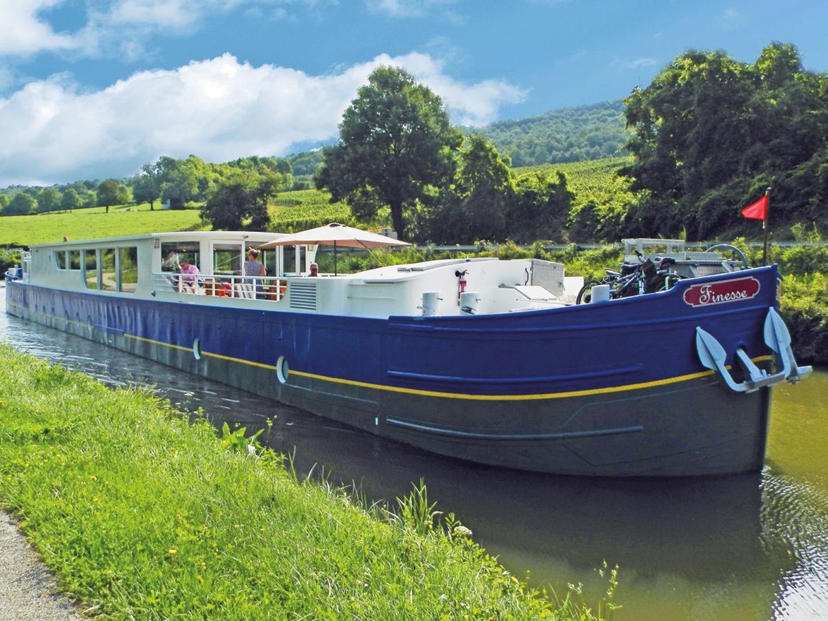 Exterior of the Finesse river barge on the canals of Burgundy France