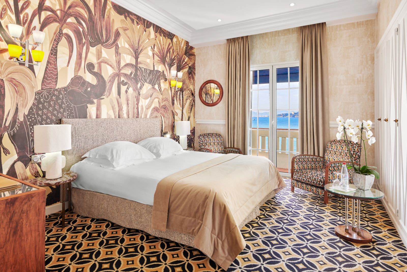 Guest bedroom with animal theme at Hotel Belles RIves on the Cote d'Azur in France