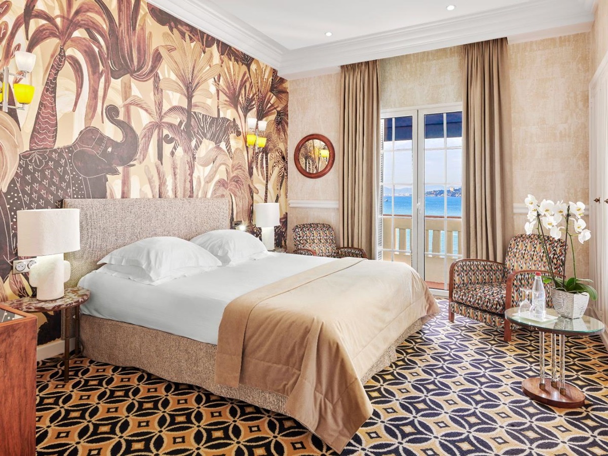 Guest bedroom with animal theme at Hotel Belles RIves on the Cote d'Azur in France