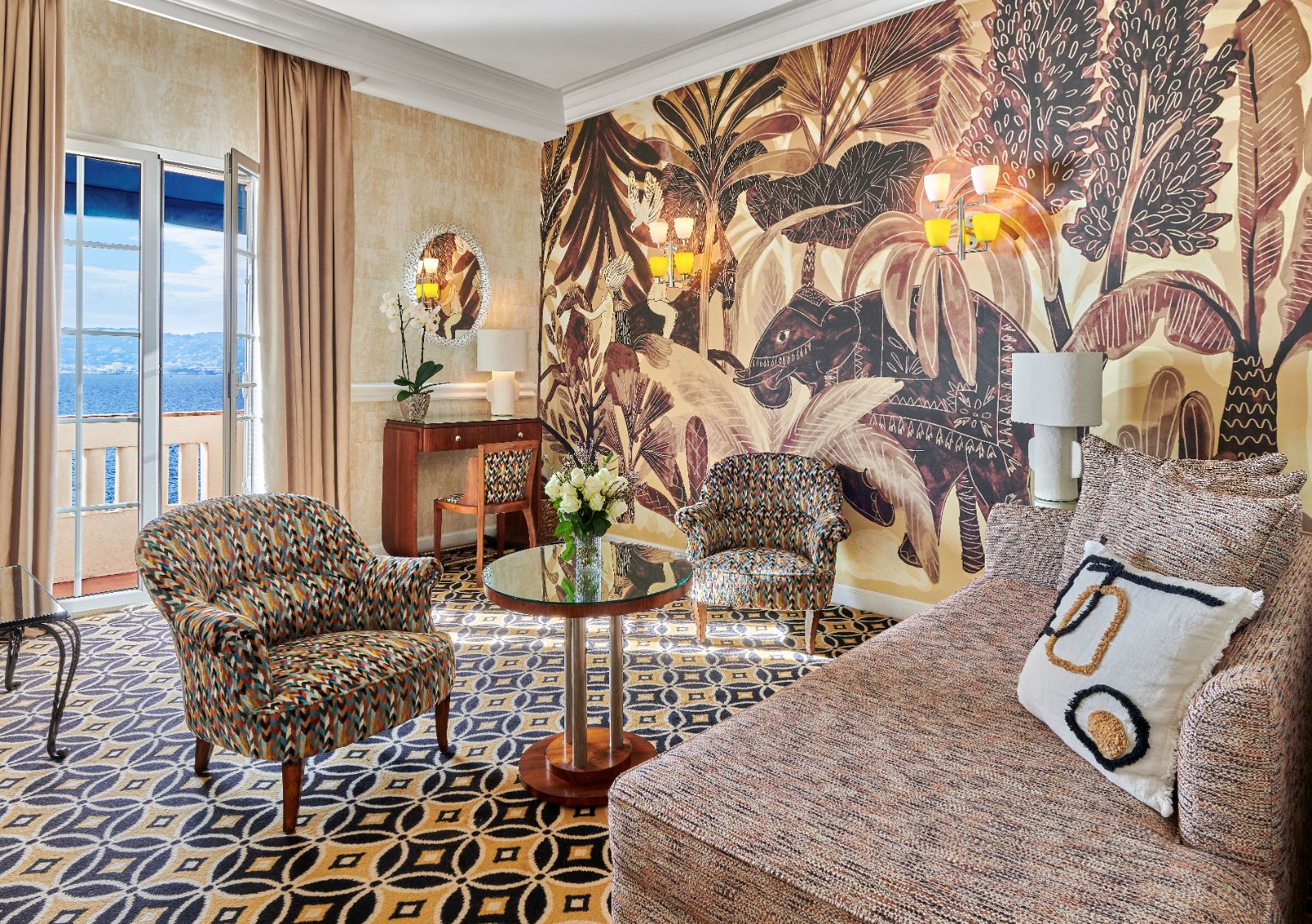 Guest suite lounge with animal theme at Hotel Belles RIves on the Cote d'Azur in France