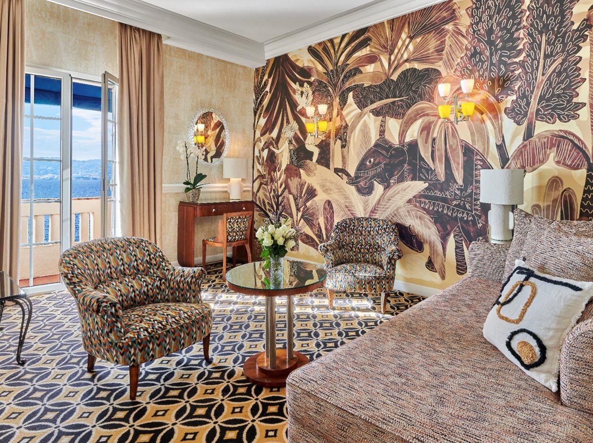 Guest suite lounge with animal theme at Hotel Belles RIves on the Cote d'Azur in France