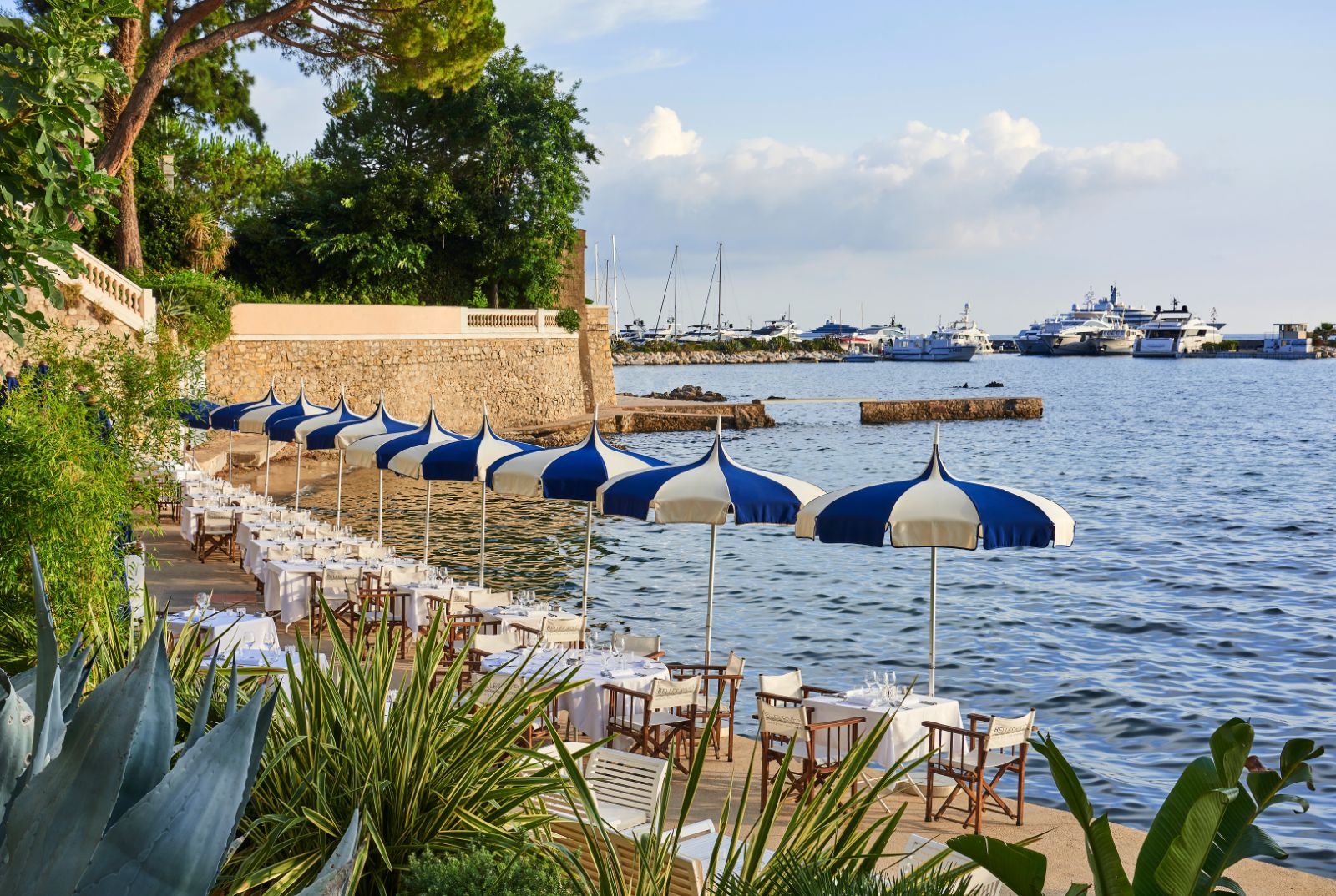 Beach sunbeds at Hotel Belles RIves on the Cote d'Azur in France