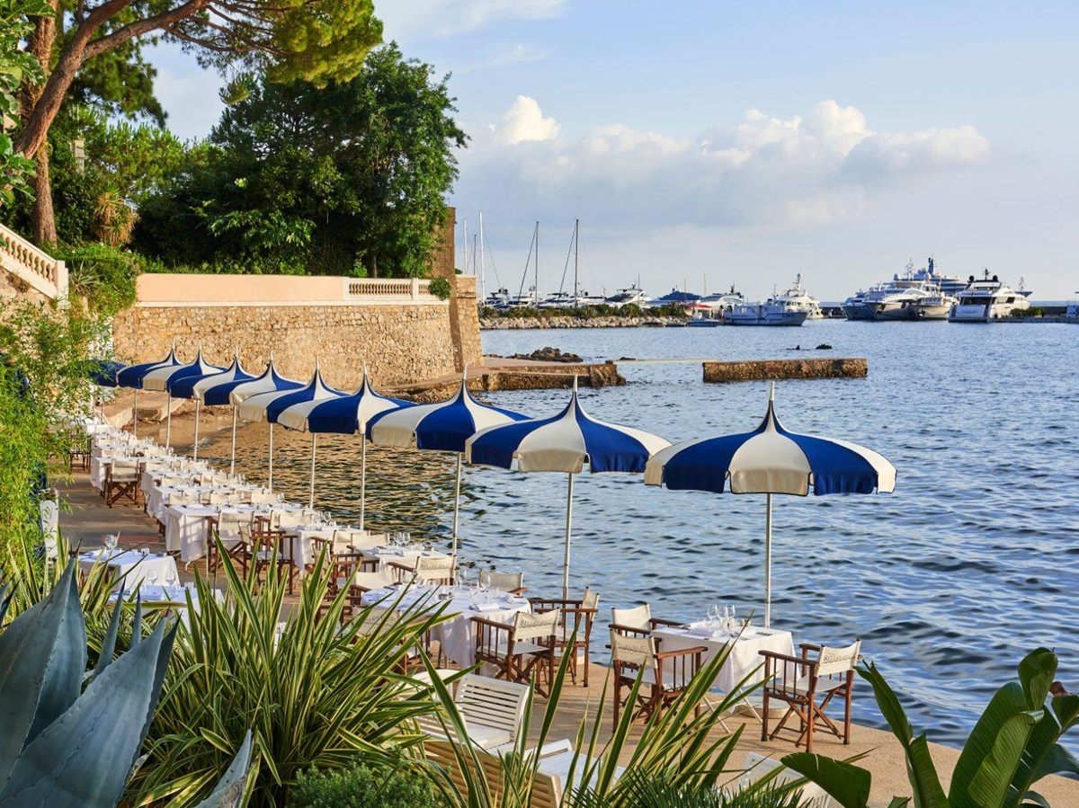 Beach sunbeds at Hotel Belles RIves on the Cote d'Azur in France