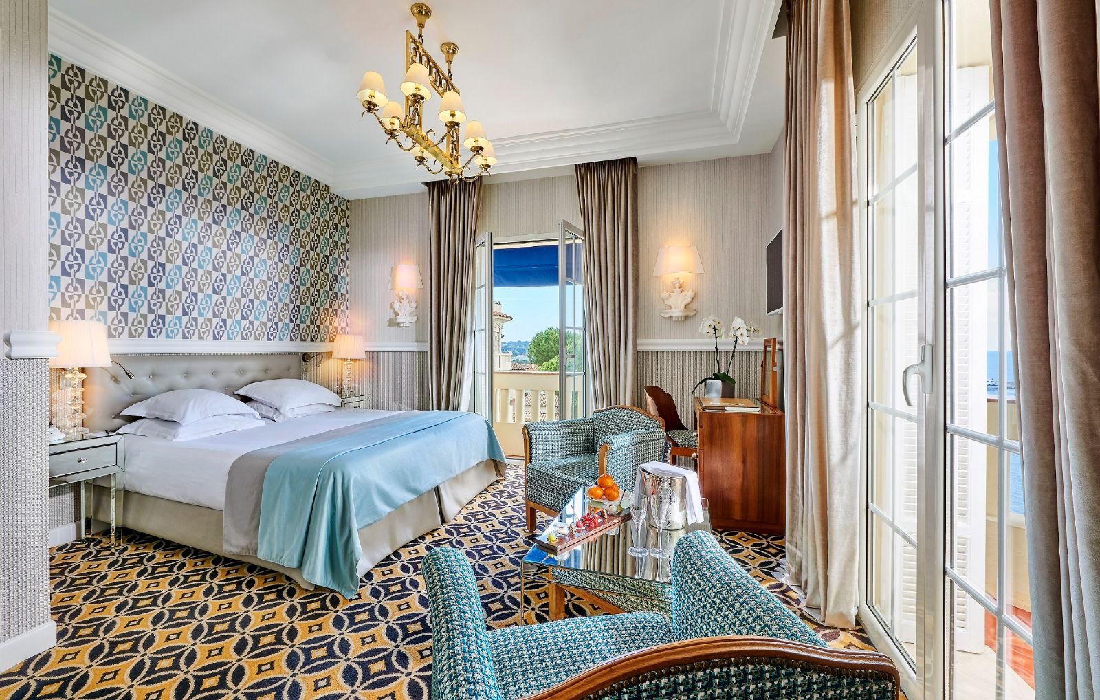 Blue double guest room at Hotel Belles RIves on the Cote d'Azur in France