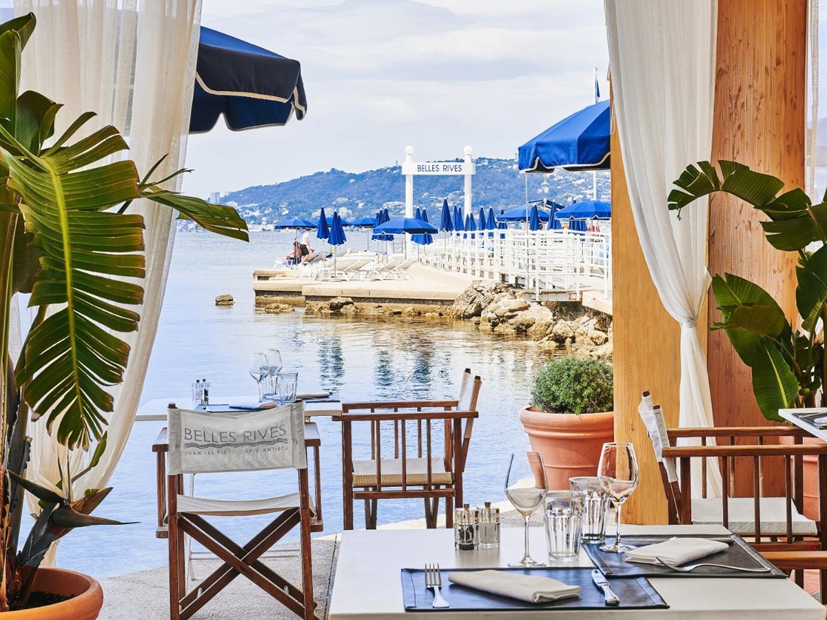 Outside dining at Hotel Belles RIves on the Cote d'Azur in France