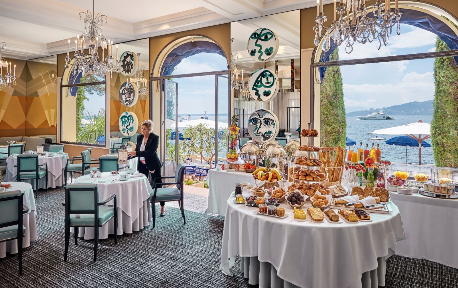 Indoor restaurant at Hotel Belles RIves on the Cote d'Azur in France