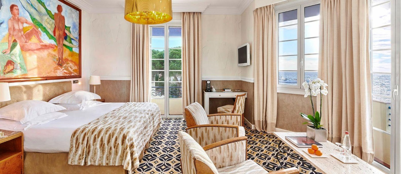 Large bedroom at Hotel Belles RIves on the Cote d'Azur in France