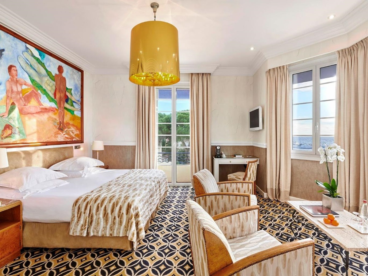 Large bedroom at Hotel Belles RIves on the Cote d'Azur in France