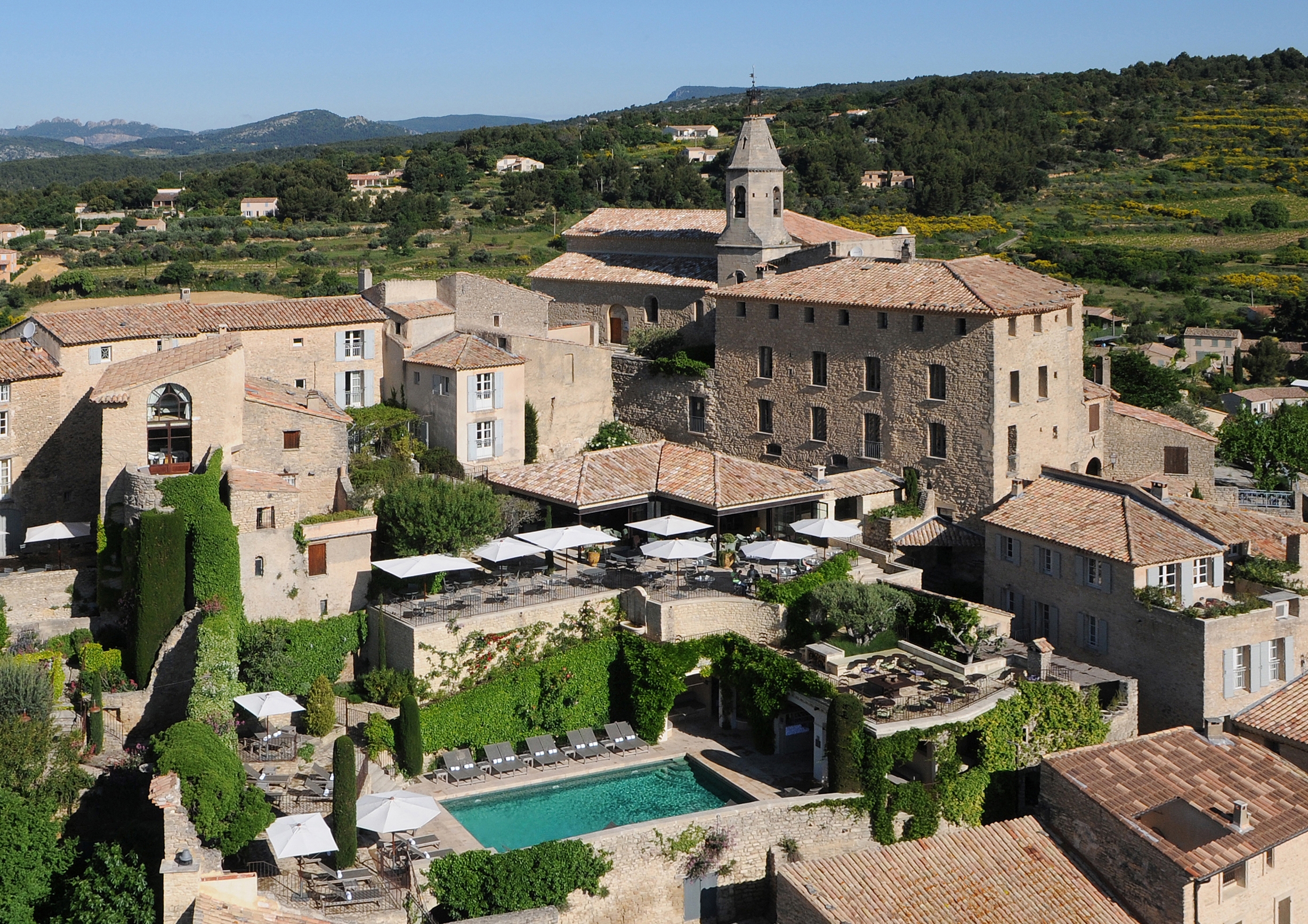Aerial of exteriors of Hotel Crillon le Brave, France