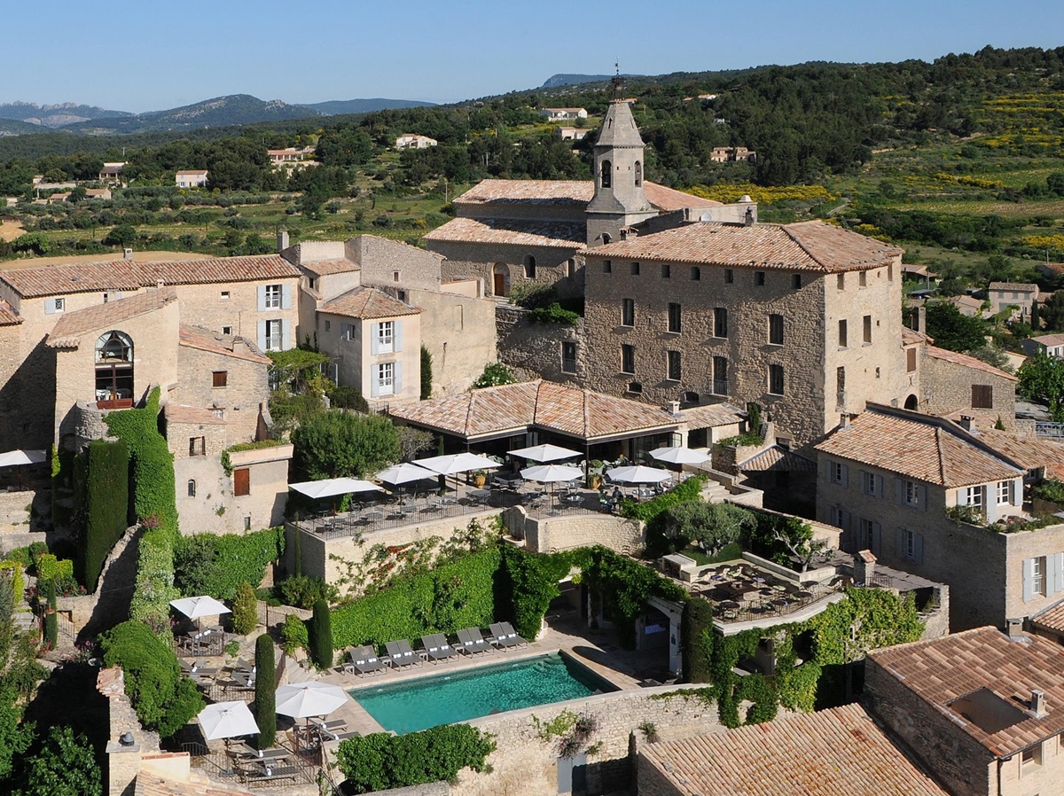 Aerial of exteriors of Hotel Crillon le Brave, France
