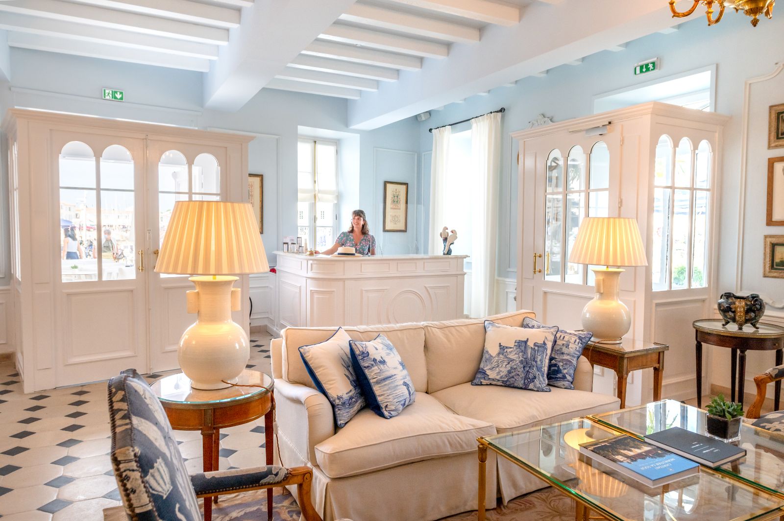 Bright and airy reception and lobby at luxury Hotel de Toiras in France