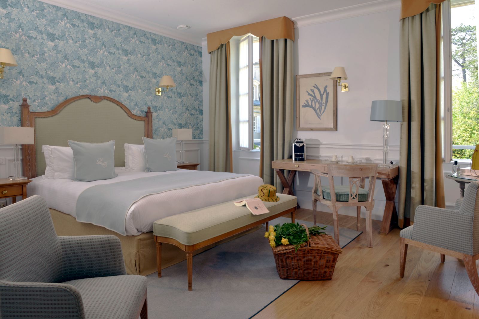 A guest bedroom at La Cheneviere in the Normandy region of France