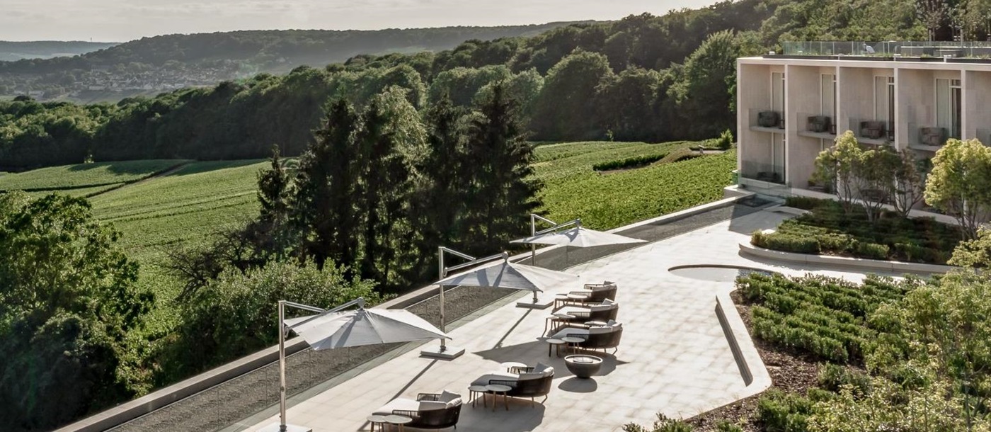 Terrace and grounds of the Royal Champagne Hotel and Spa in France
