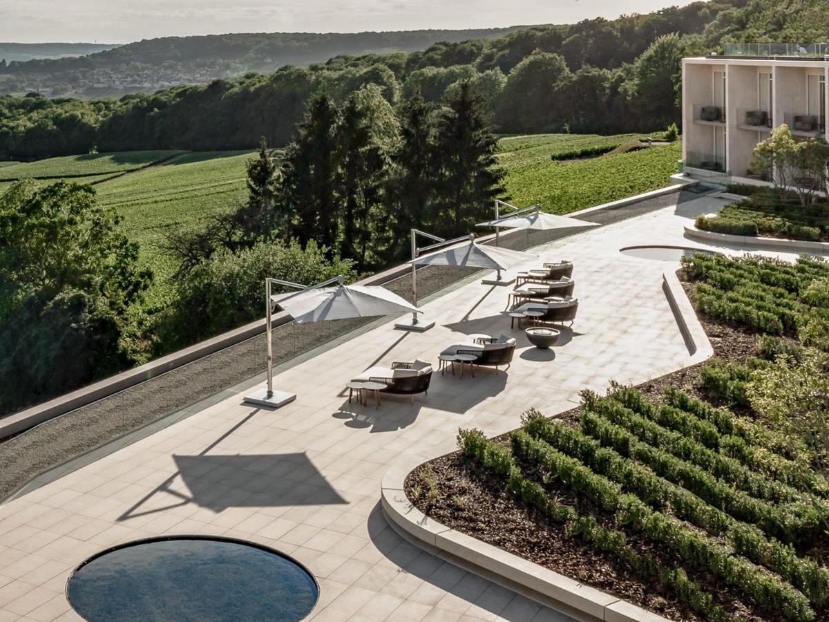 Terrace and grounds of the Royal Champagne Hotel and Spa in France