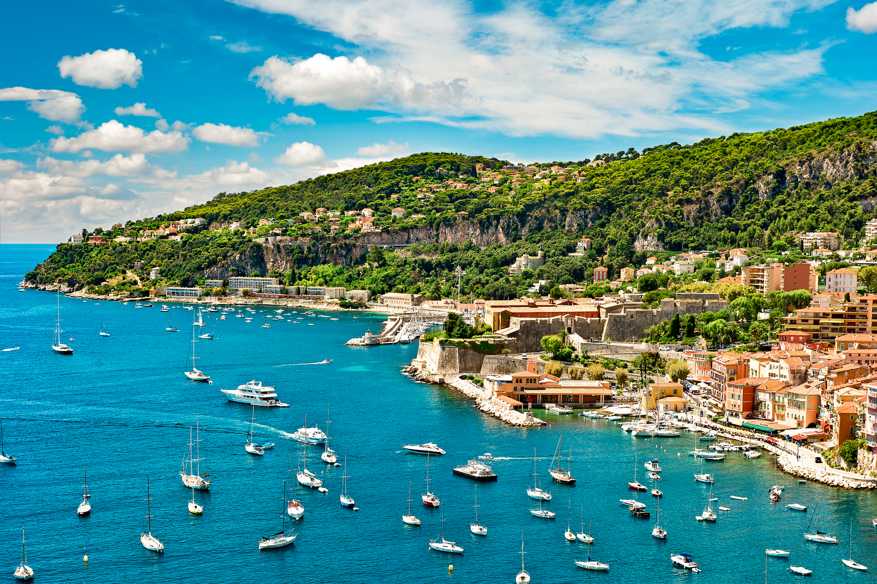 Aerial view of ships in the bay at Villefranche sur Mer on the Cote d'Azur