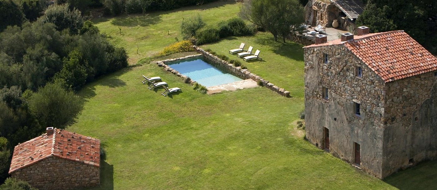 Aerial of exterior and swimming pool of A Figa, Corsica