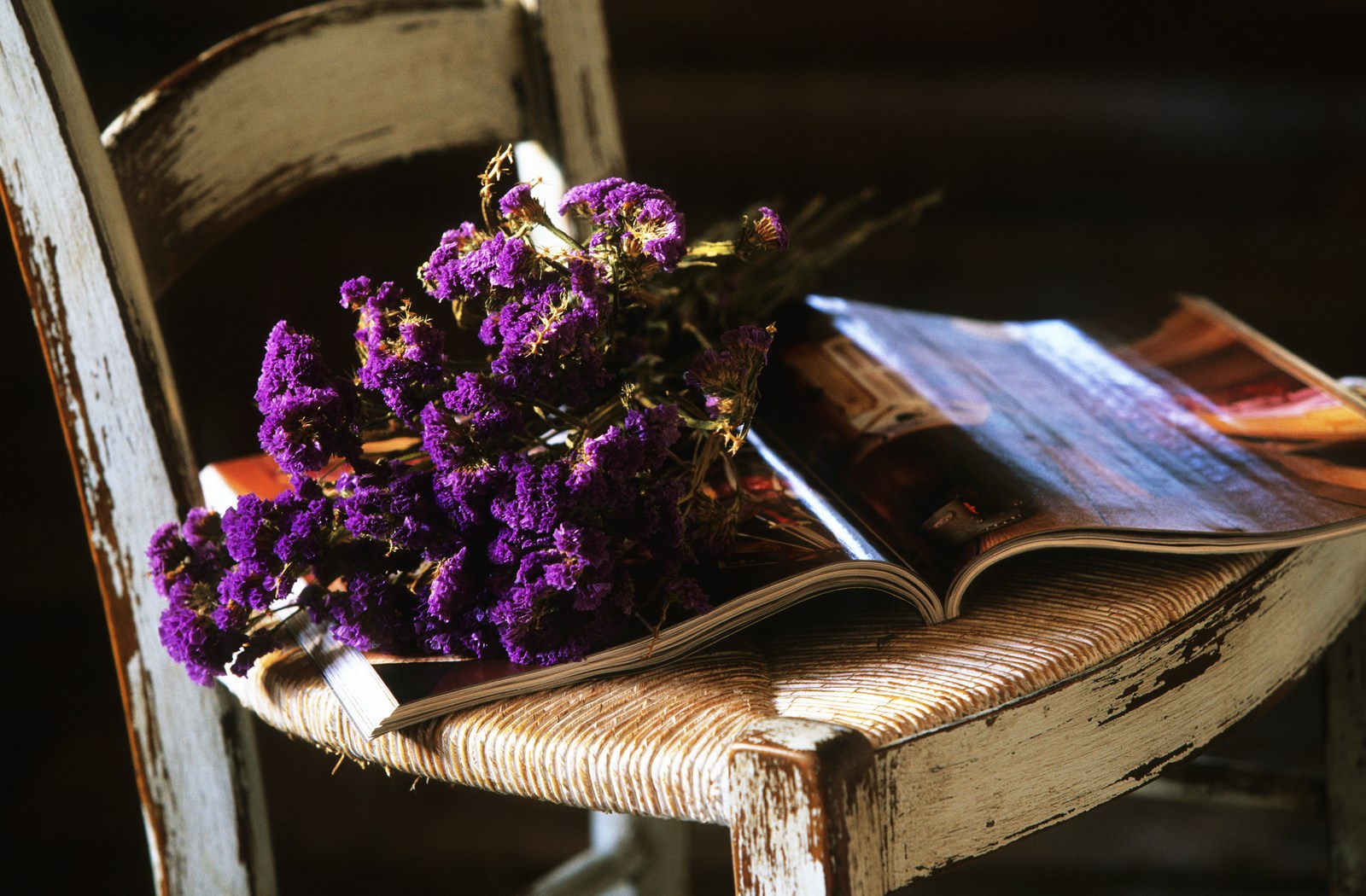 Close-up of a chair and magazine in A Liccia, Corsica