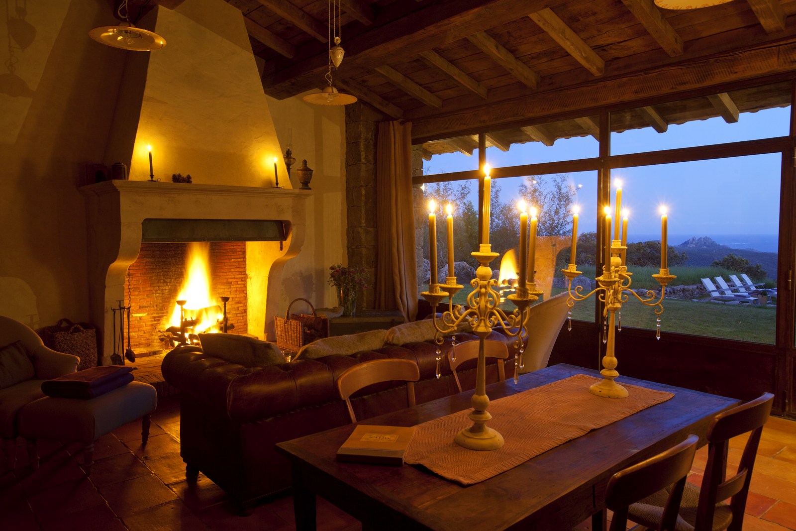 Dining room at night of I Pini, Corsica