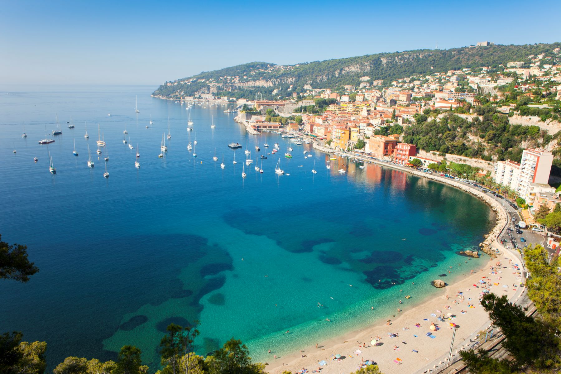 Aerial view of beaches and yachts along the Cote d'Azur