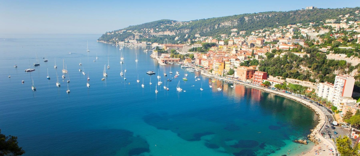 Aerial view of beaches and yachts along the Cote d'Azur