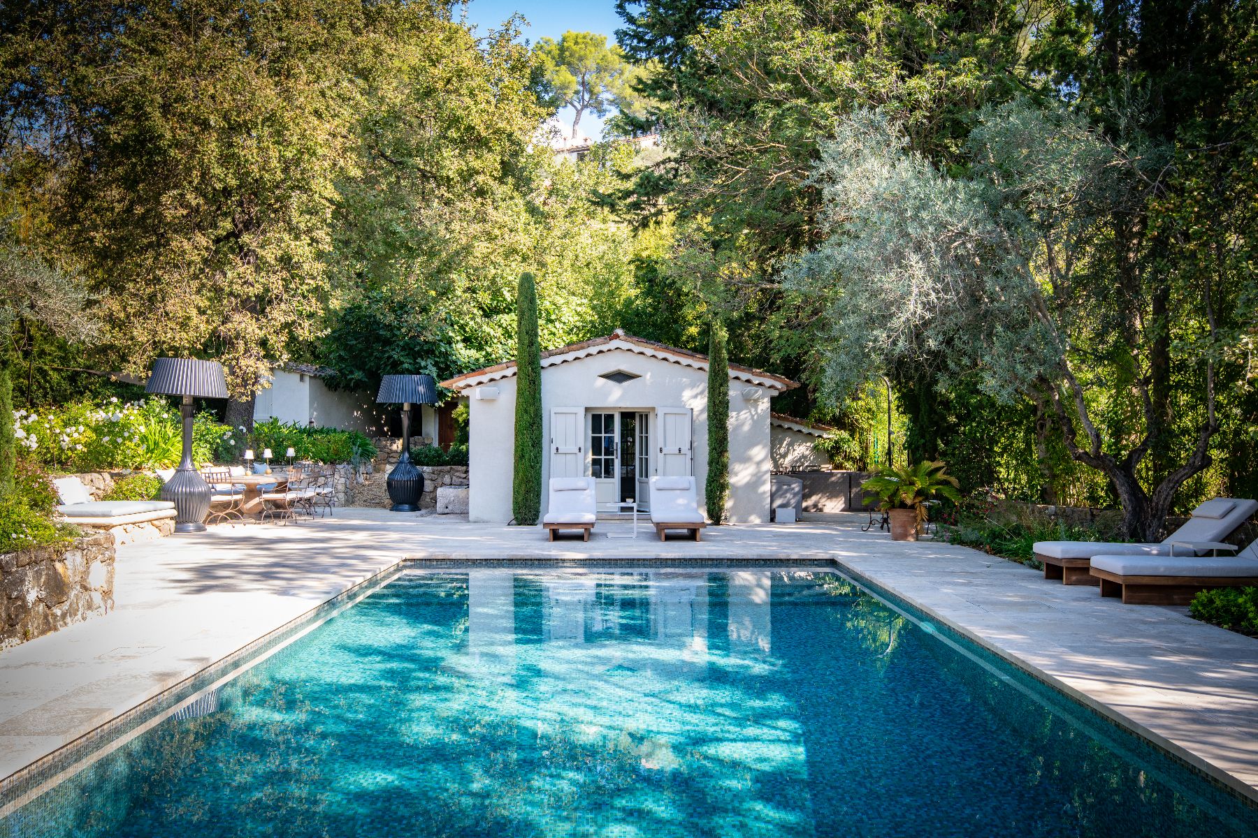 Pool house and pool at Bastide Notre Dame in Cote d'Azur, France