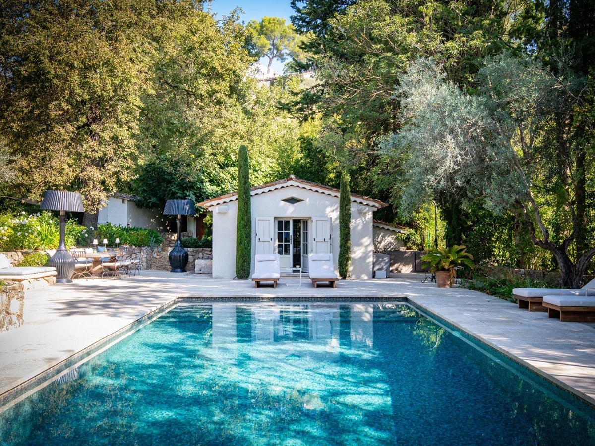 Pool house and pool at Bastide Notre Dame in Cote d'Azur, France