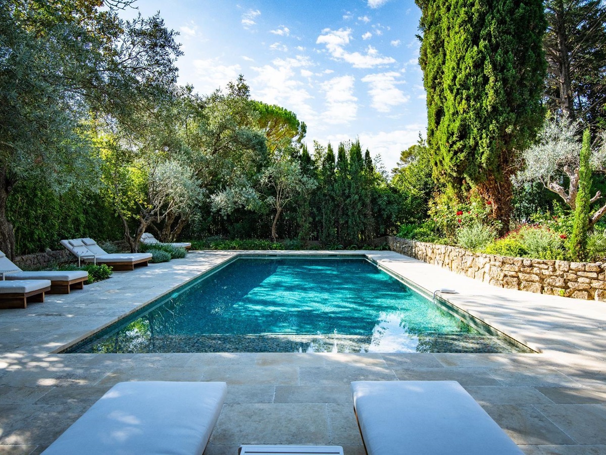 Sunbeds by the pool at Bastide Notre Dame in Cote d'Azur, France