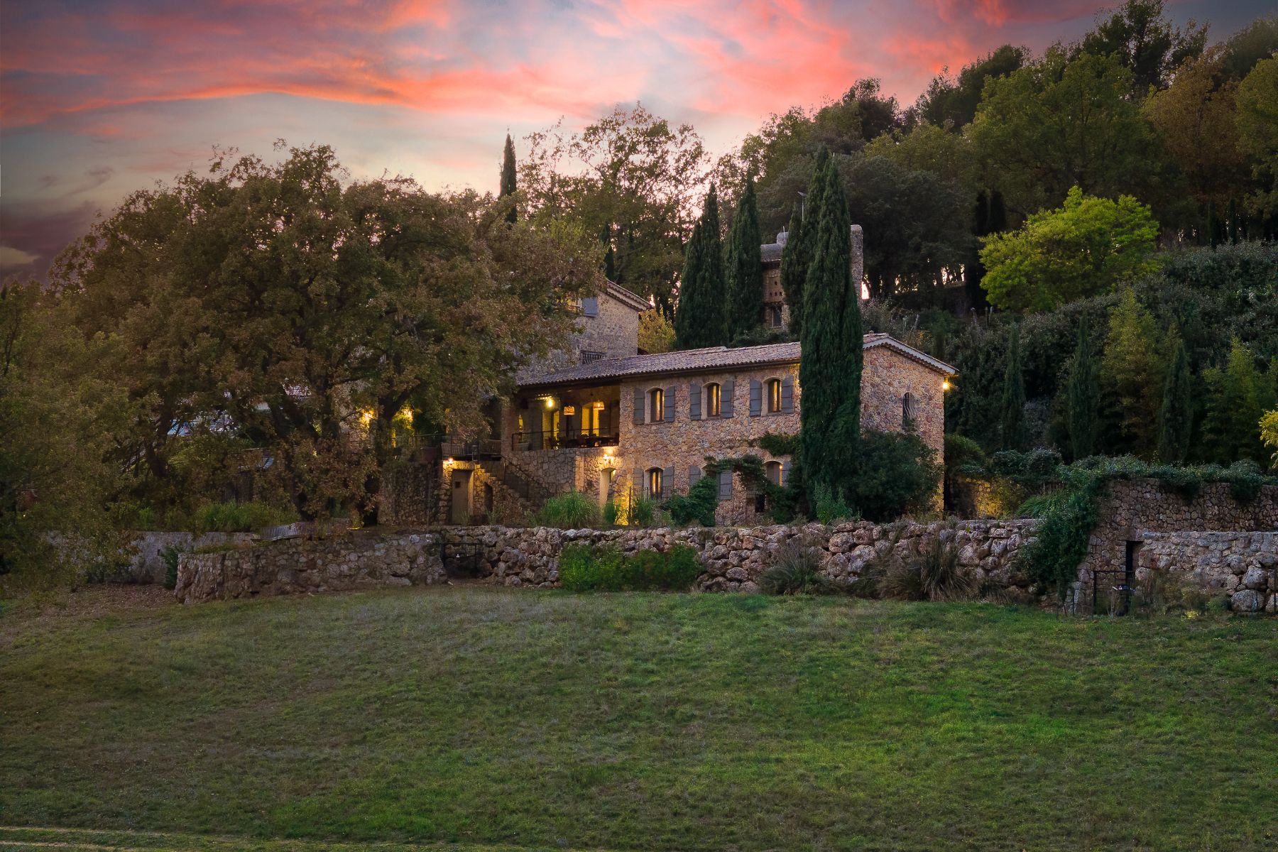 Front Exterior in the Evening at La Combe in the Cote d'Azur