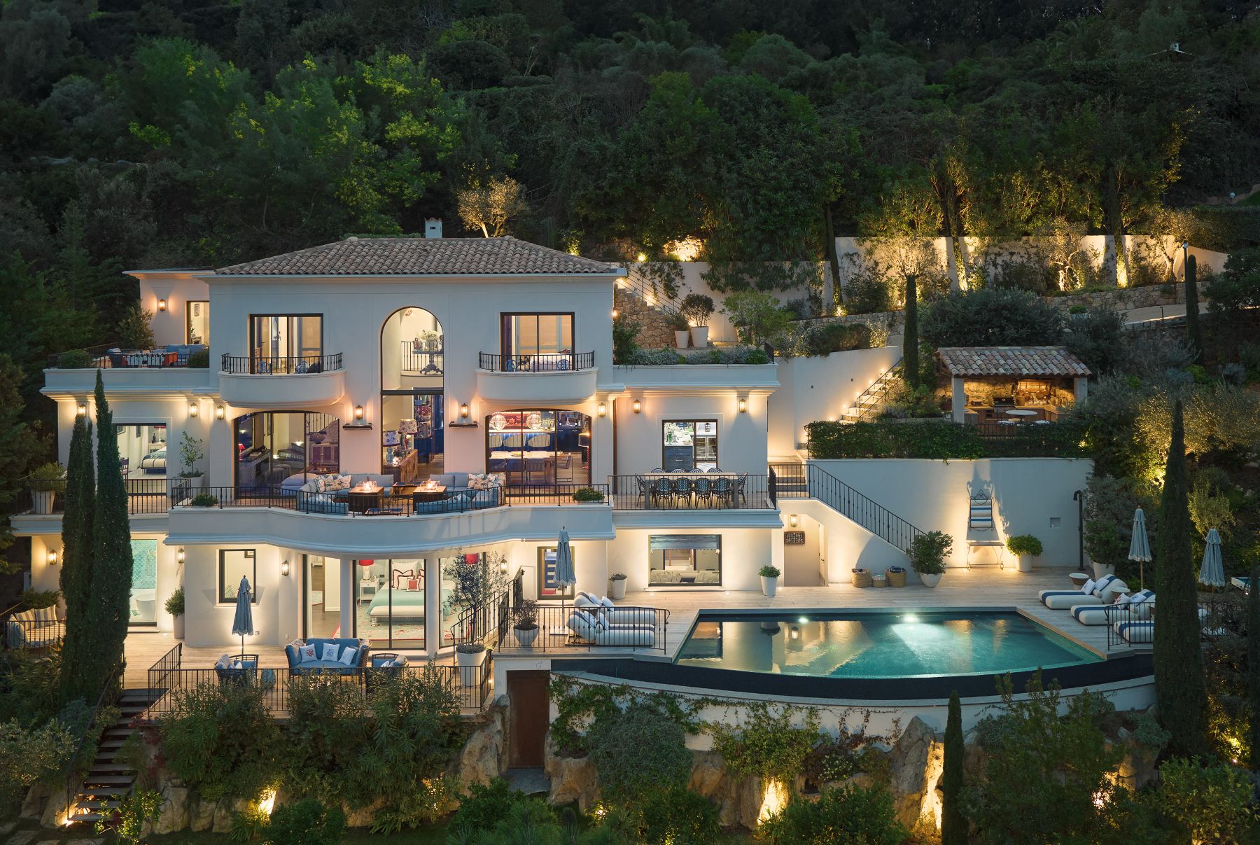 Exterior view of Villa Calade in Cote d'Azur at night