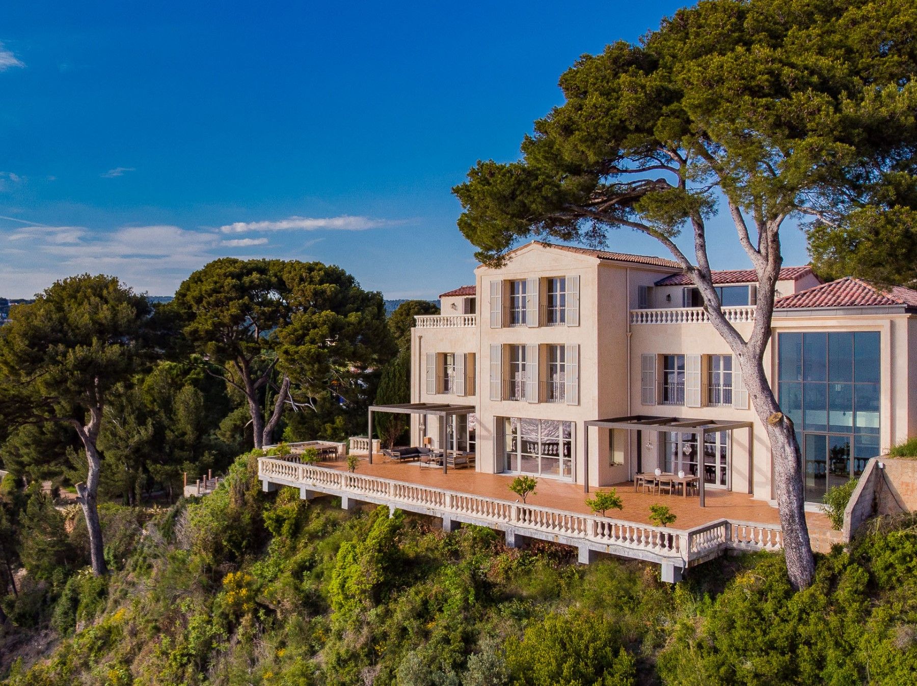 Rear exterior drone view of Villa Florie in Côte d'Azur
