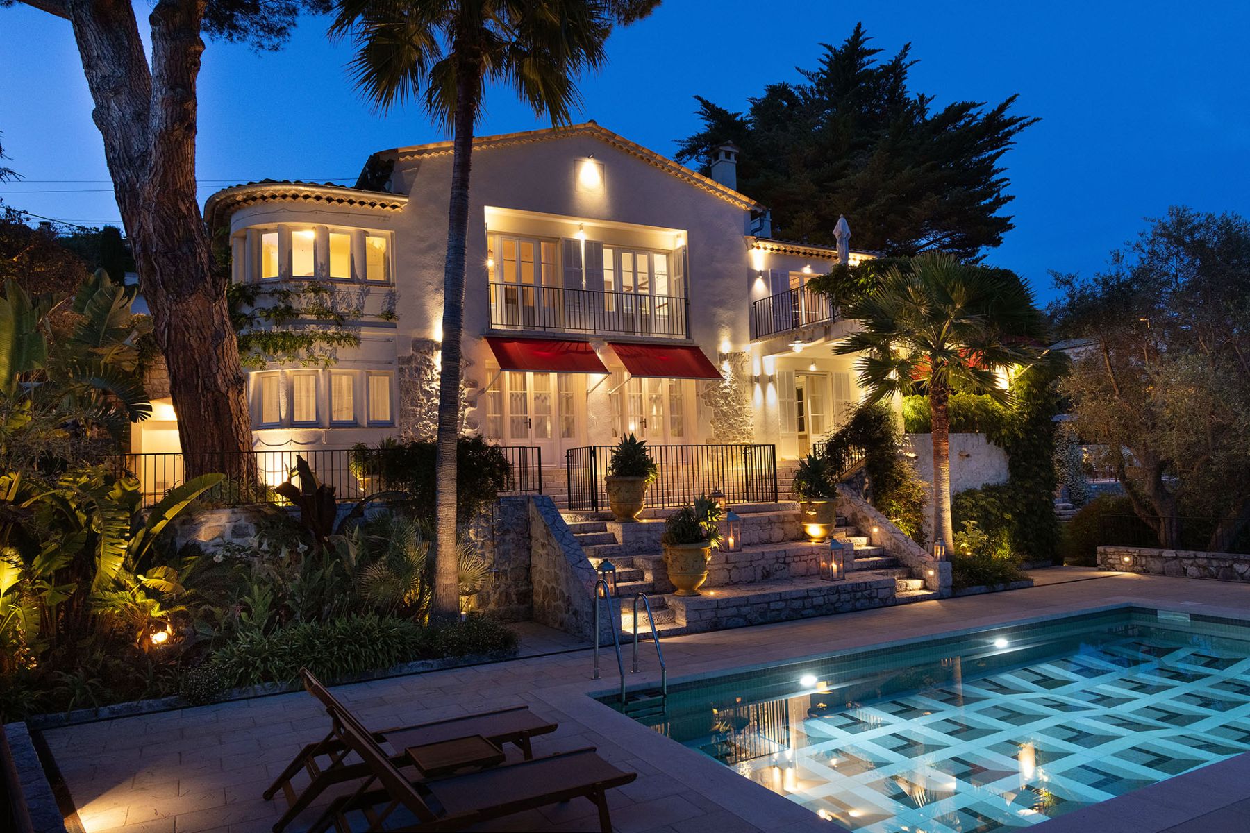 Exterior at night of Villa Malvan in Cote d'Azur, France
