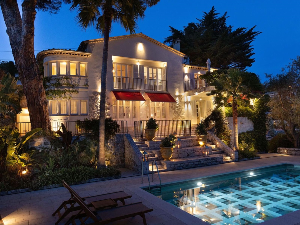 Exterior at night of Villa Malvan in Cote d'Azur, France