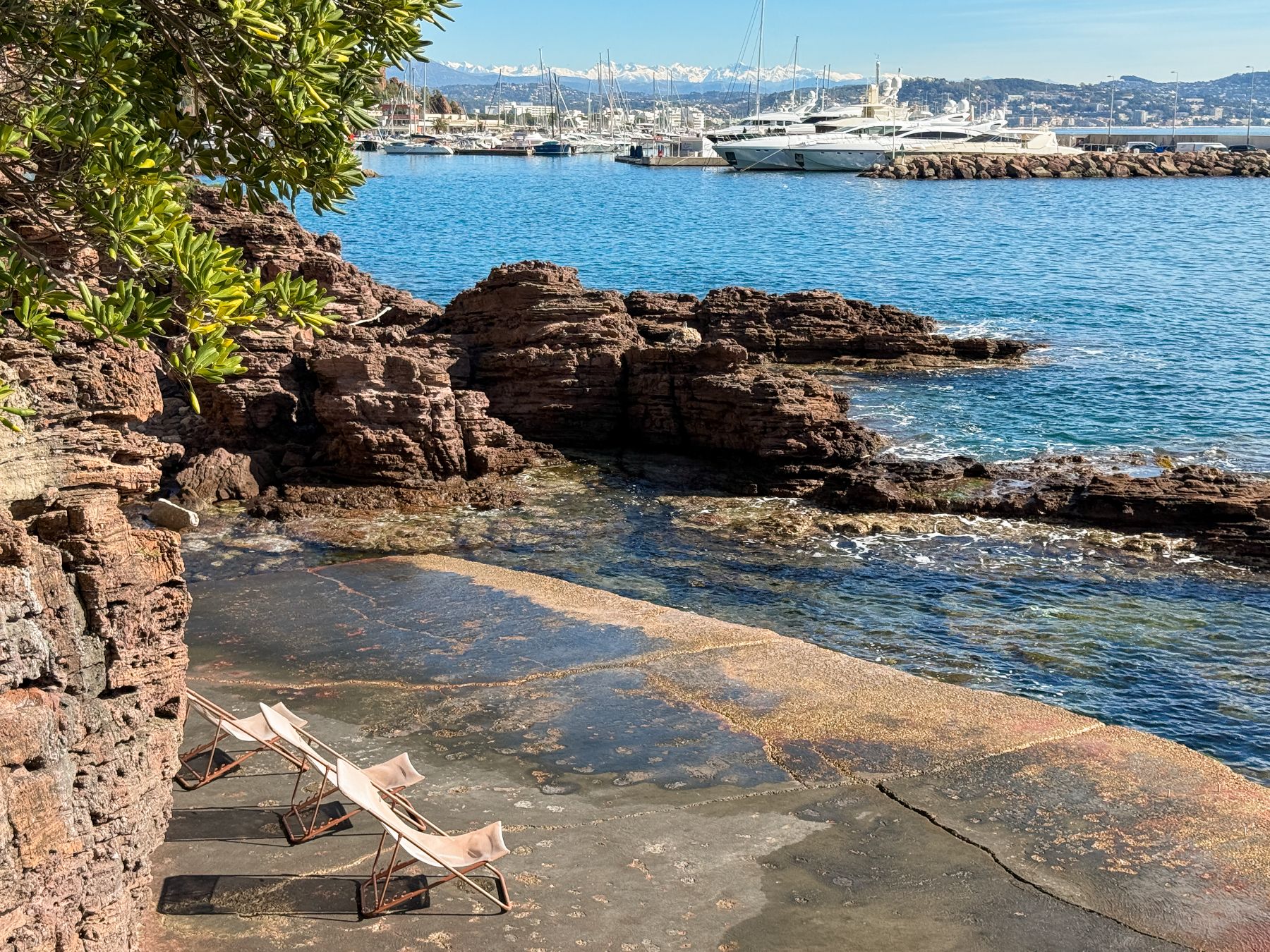 Sunbeds on the private beach at Villa Mathilde in Cote d'Azur