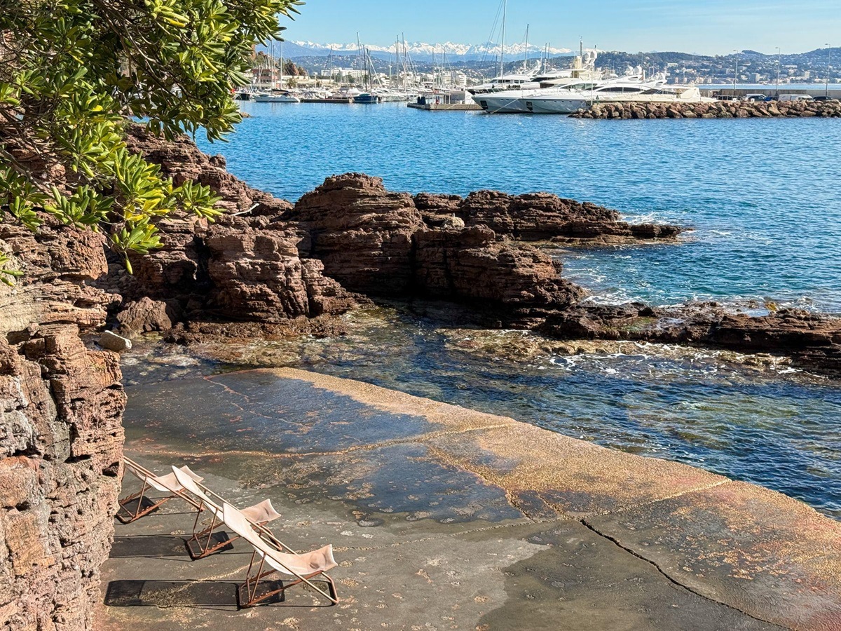 Sunbeds on the private beach at Villa Mathilde in Cote d'Azur
