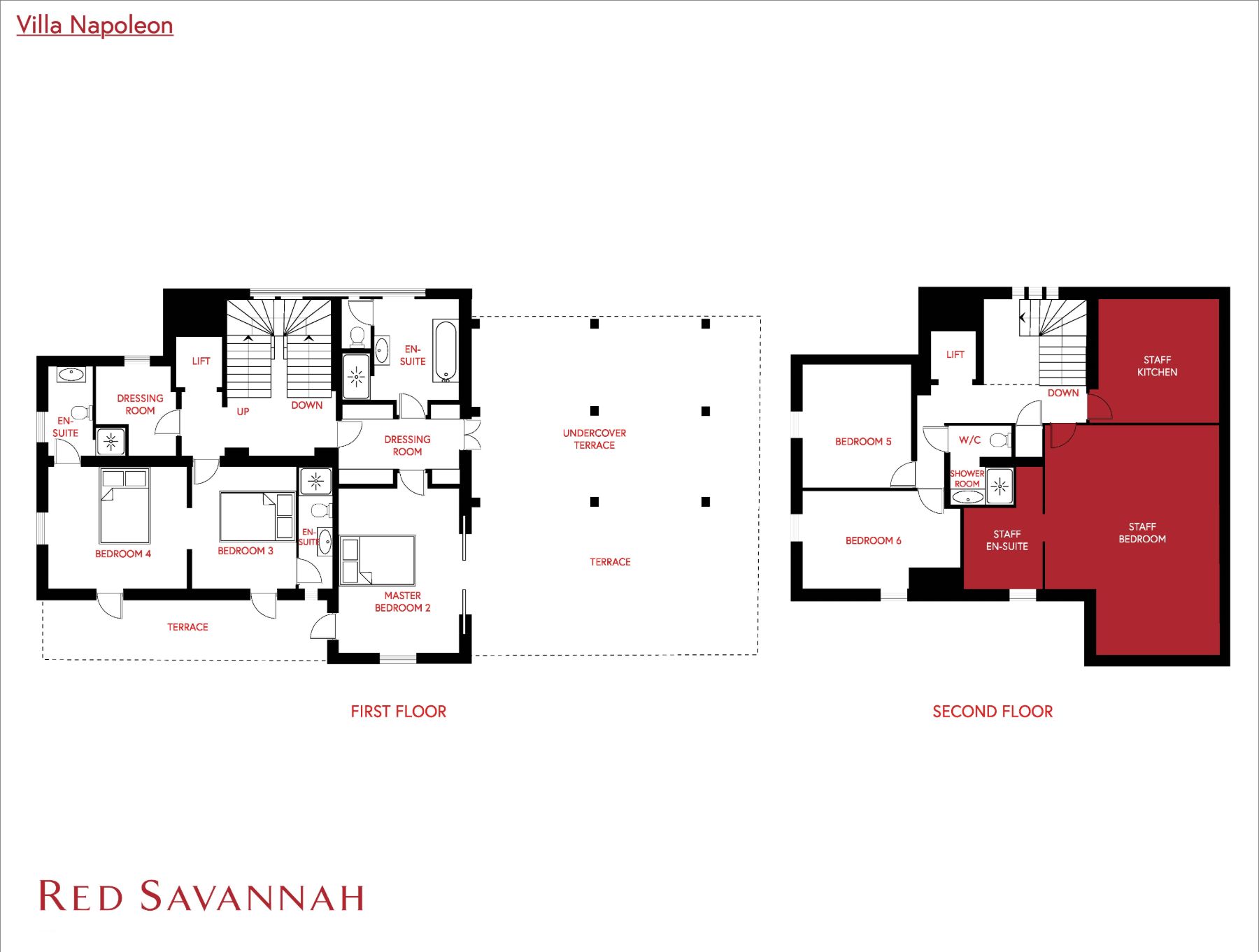 Red Savannah branded floorplan of Villa Napoleon's first floor