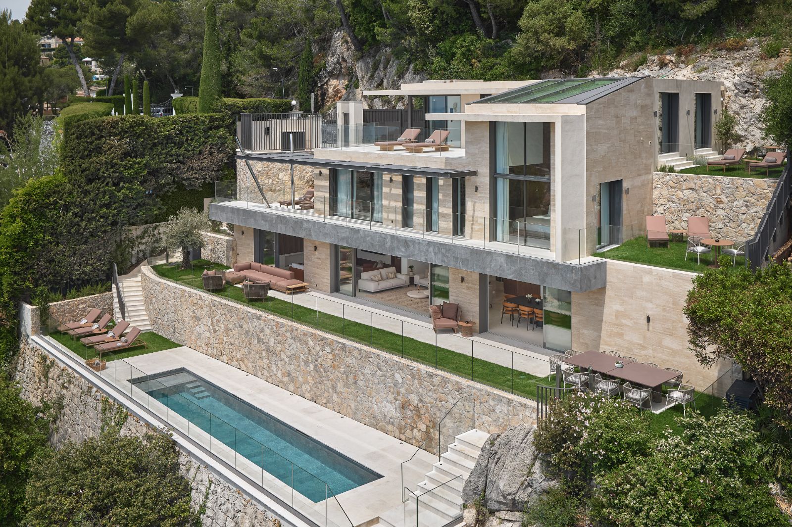 Side view drone shot of Villa Olivia, a luxury villa on the Cote d'Azur