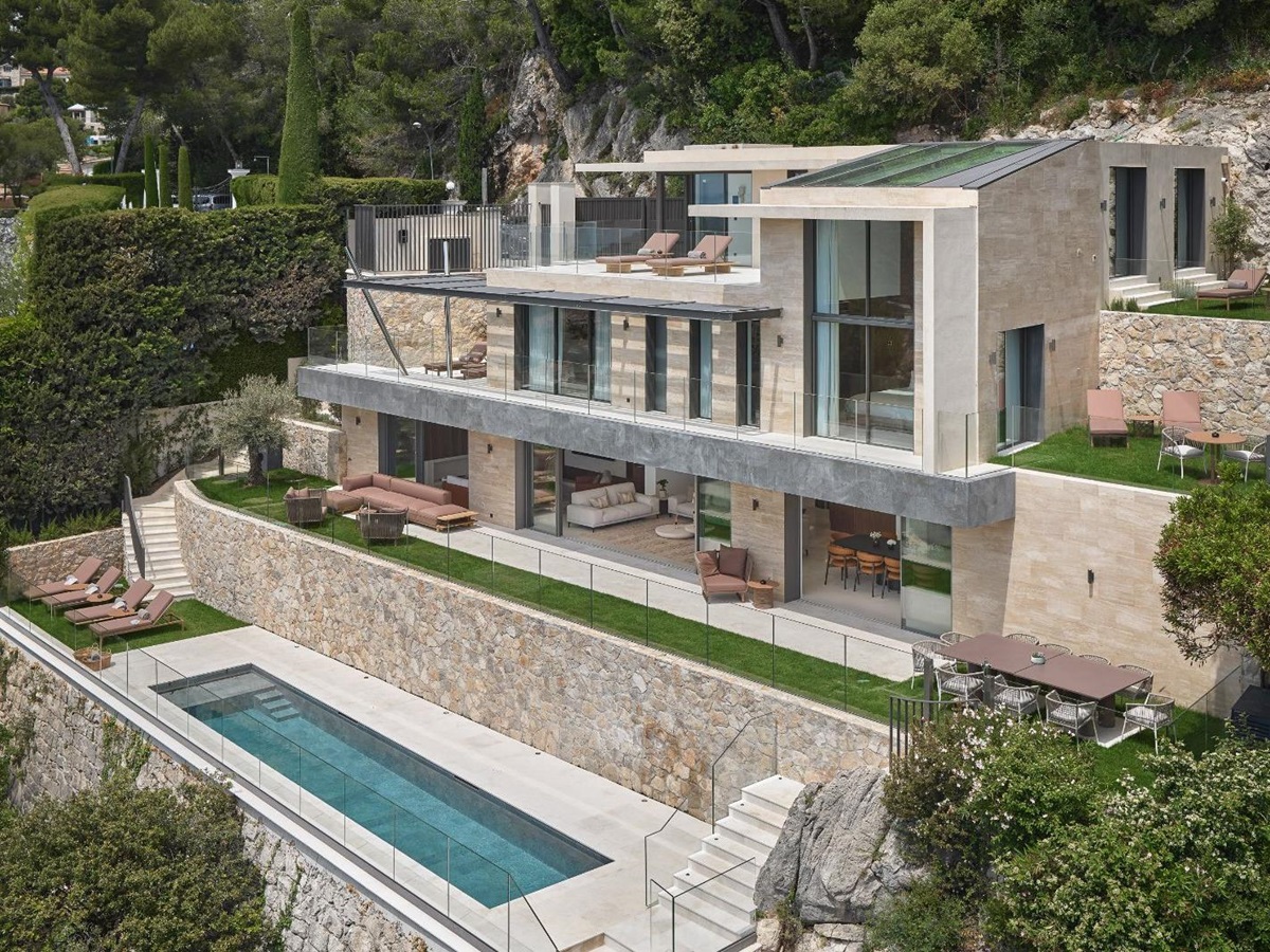 Side view drone shot of Villa Olivia, a luxury villa on the Cote d'Azur