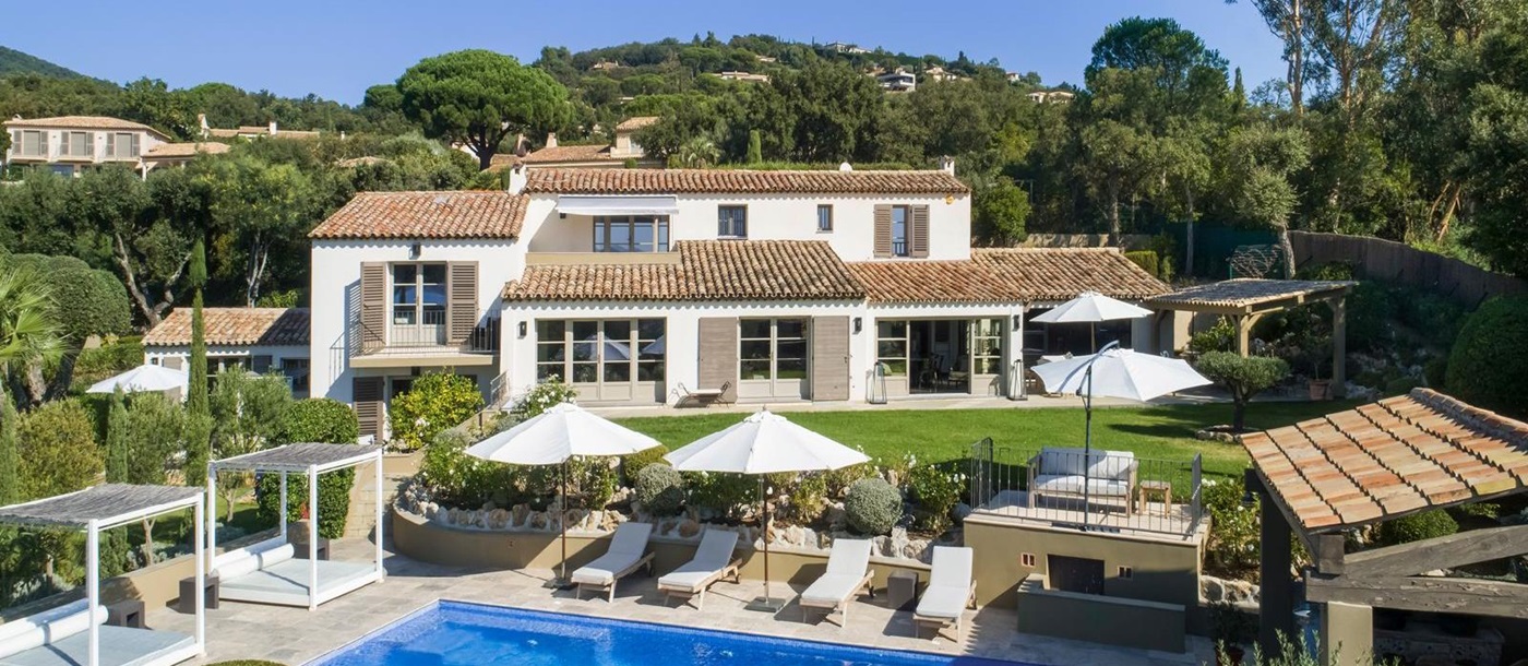 Exterior of villa and pool aerial view at Villa Zamora on the Cote d'Azur