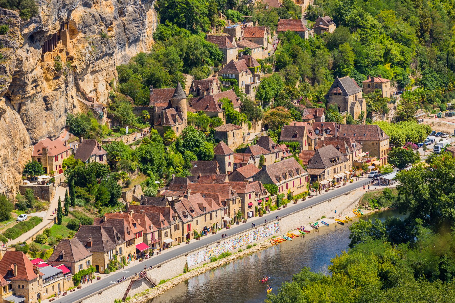 Aerial view of a village on the banks of the River Dordogne in France