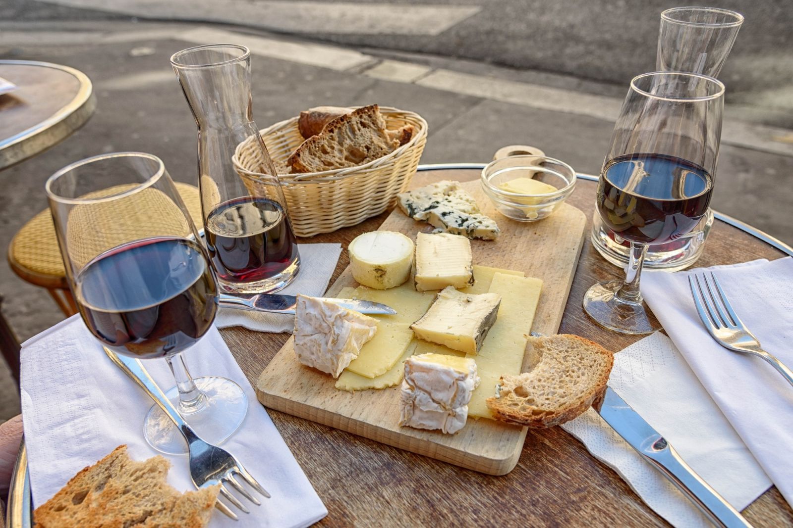 Spread of traditional French cheese and wine