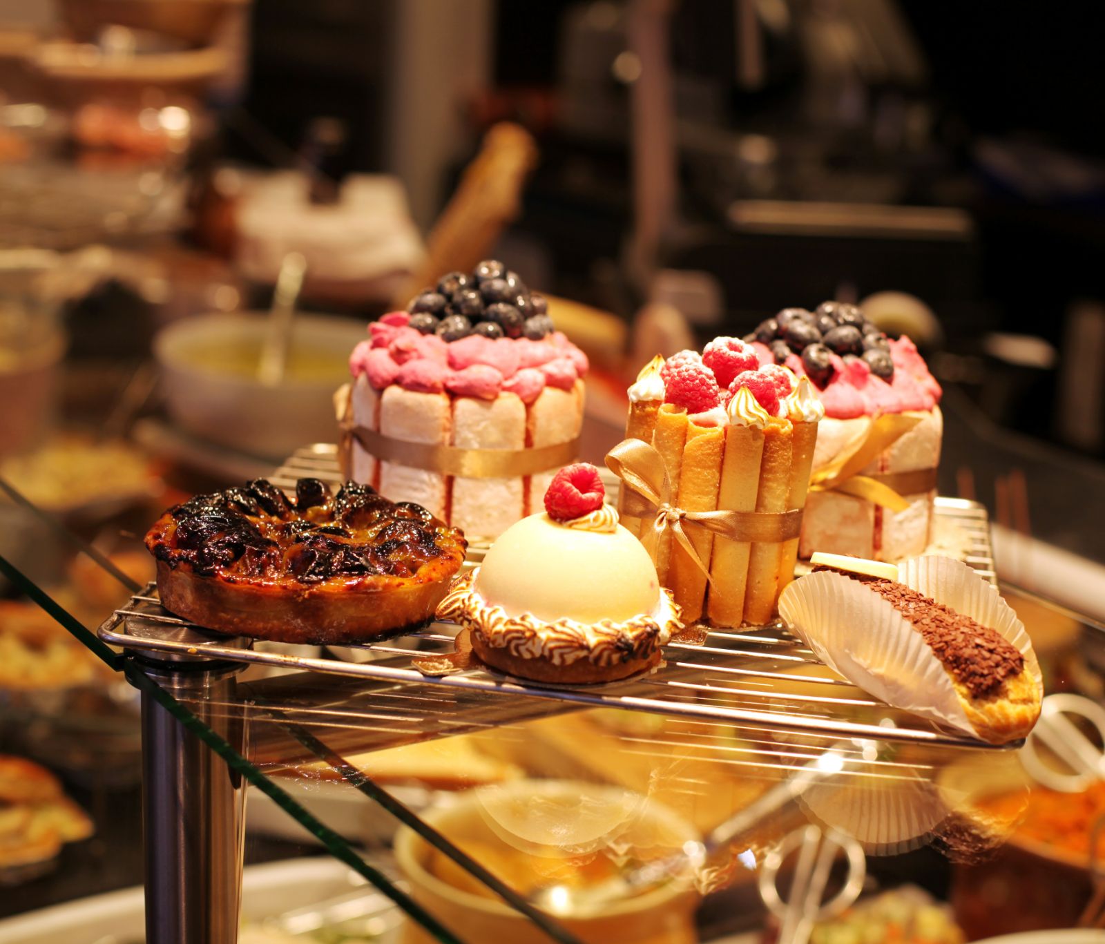 A selection of cakes displayed at a patisserie in France