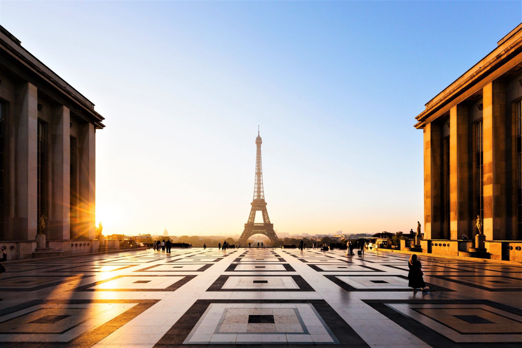View of the Eiffel Tower at sundown in Paris