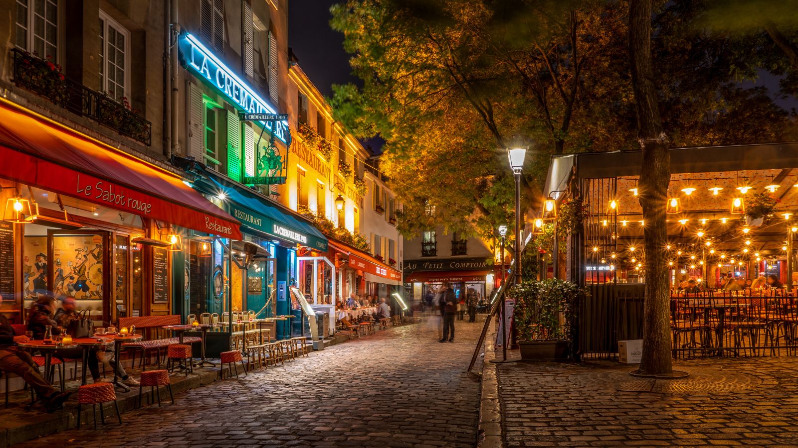 Restaurant facades at night time in Paris, France