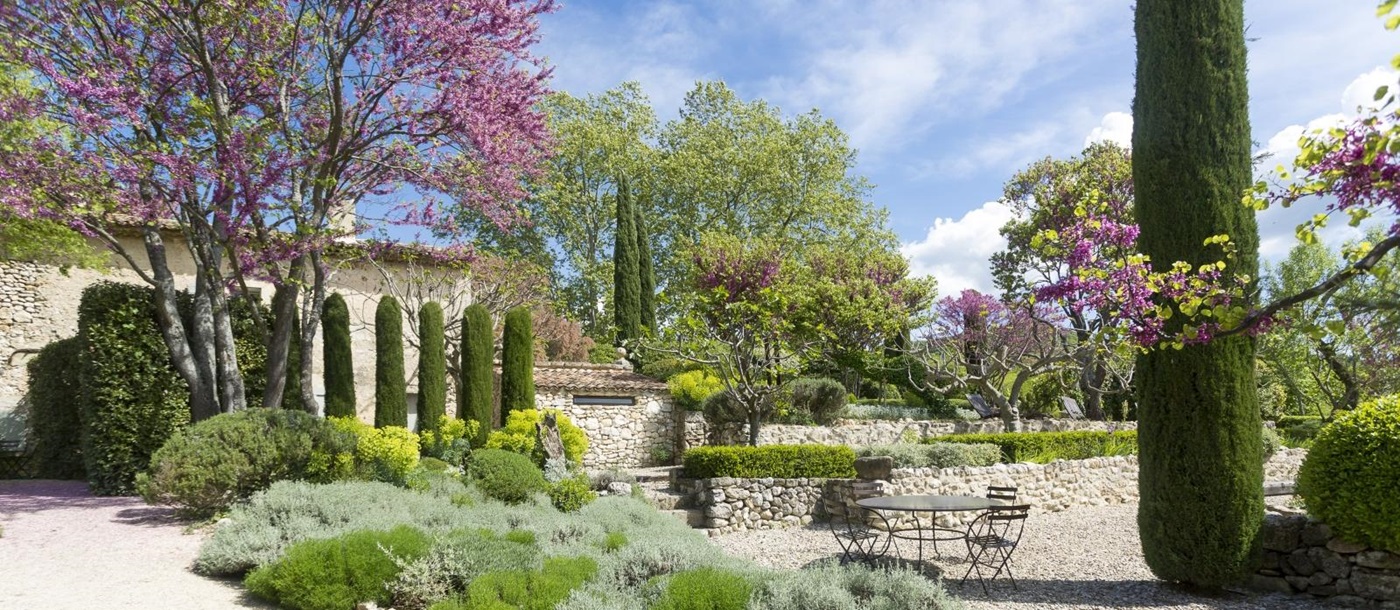 Garden with plants, trees, flowers, table and chairs at Bastide Luberon in Provence, France