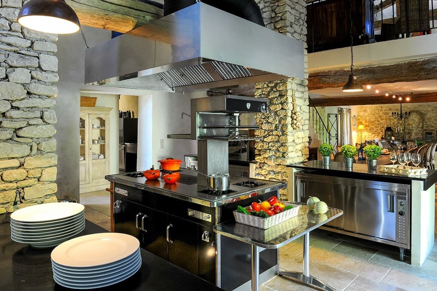 Stainless steel professional kitchen at Bastide Sur La Sorgue in Provence