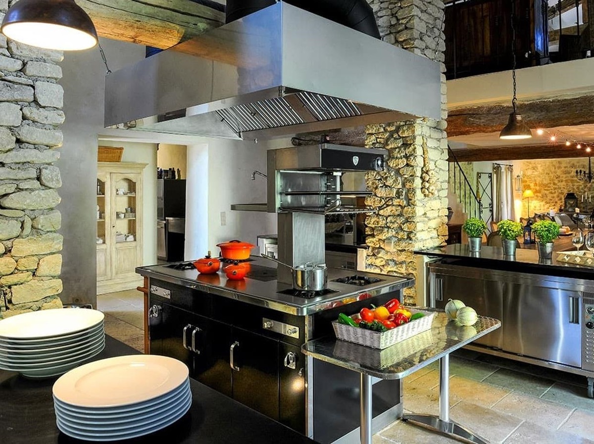 Stainless steel professional kitchen at Bastide Sur La Sorgue in Provence