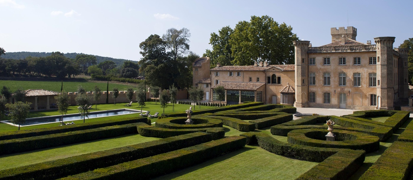 facade and garden of Chateau Bel Esprit, Provence